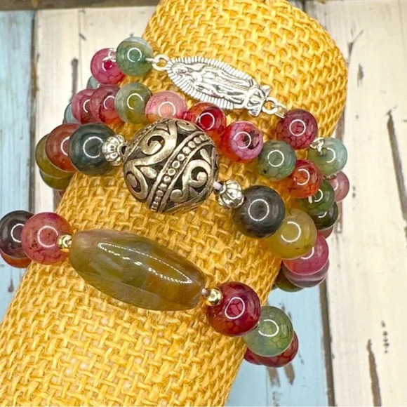 Agate beaded handmade bracelet/colorful chunky maximalist - Picture 2 of 7